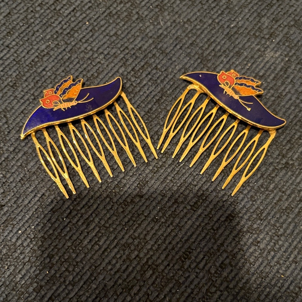 Cloisonné Butterfly Hair Combs with Blue and Gold Design